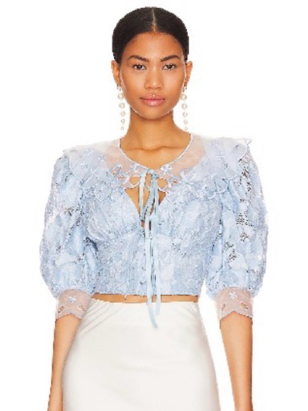 For Love & Lemons Powder Blue Lace Tie-Detail Cropped Top